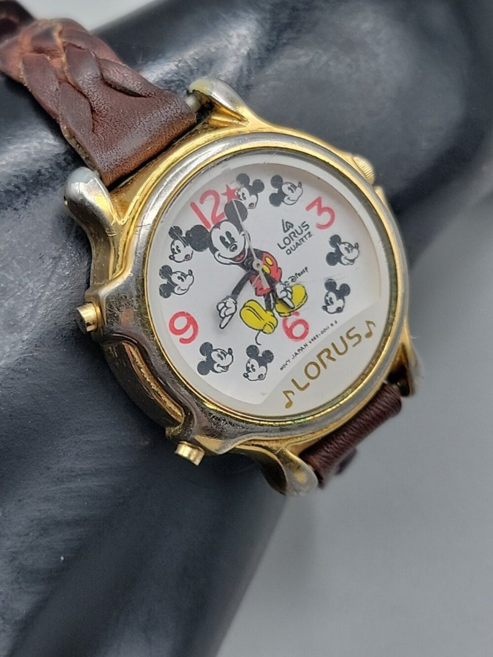 Vtg Lorus Seiko Disney 1990s Mickey Mouse Musical Watch 8" Braided Leather 34mm - Picture 10 of 15